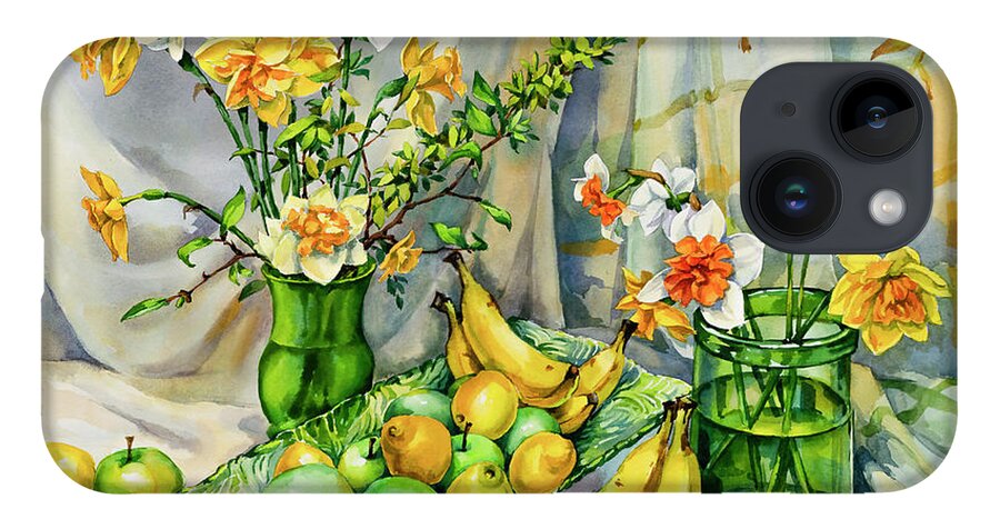 Green iPhone 14 Case featuring the painting Green Yellow Still Life with Daffodils by Maria Rabinky