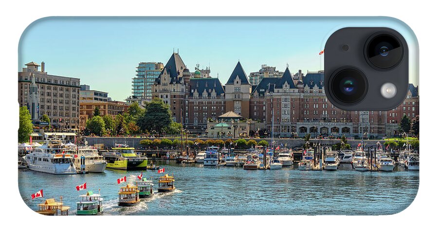 Canada Day iPhone 14 Case featuring the photograph Harbour Ferry Boats and Empress Hotel by Lindsay Thomson