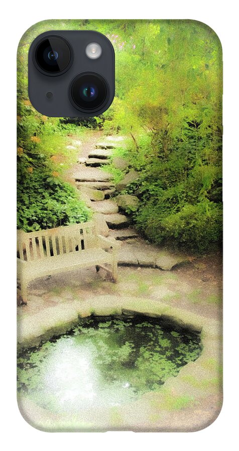 Pond Water Bench Stone Steps Fog iPhone Case featuring the photograph Hazy Pond by John Linnemeyer