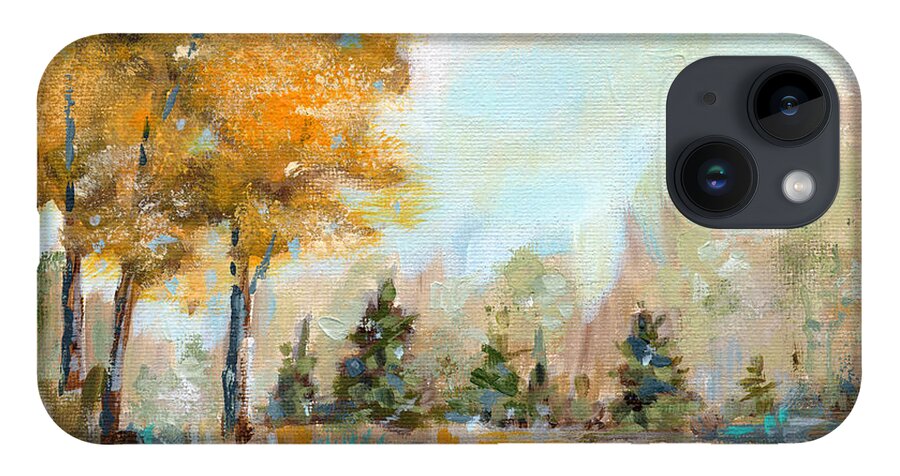 Landscape iPhone 14 Case featuring the painting Hello Yellow - Fall landscape painting by Annie Troe