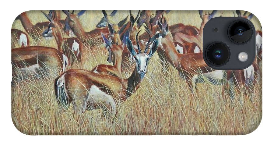 Springbok iPhone 14 Case featuring the painting Herd of Springbok by John Neeve