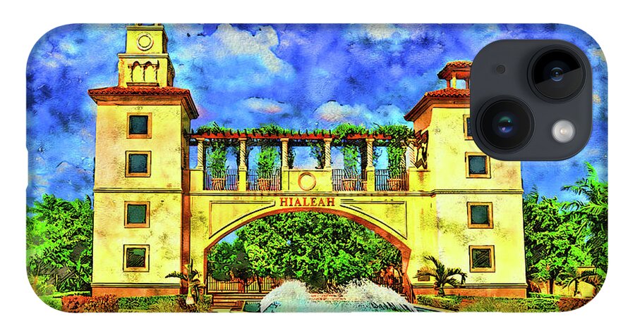 Hialeah Fountain iPhone Case featuring the digital art Hialeah Fountain and Entrance Plaza Park - pen and watercolor by Nicko Prints