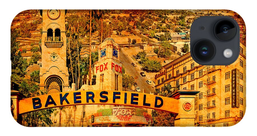 Bakersfield iPhone Case featuring the digital art Historical buildings of Bakersfield, California, blended on old paper by Nicko Prints