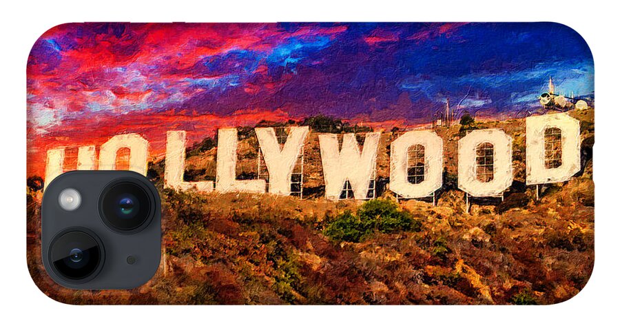 Hollywood iPhone Case featuring the digital art Hollywood sign in the sunset light with a dramatic sky - digital painting by Nicko Prints