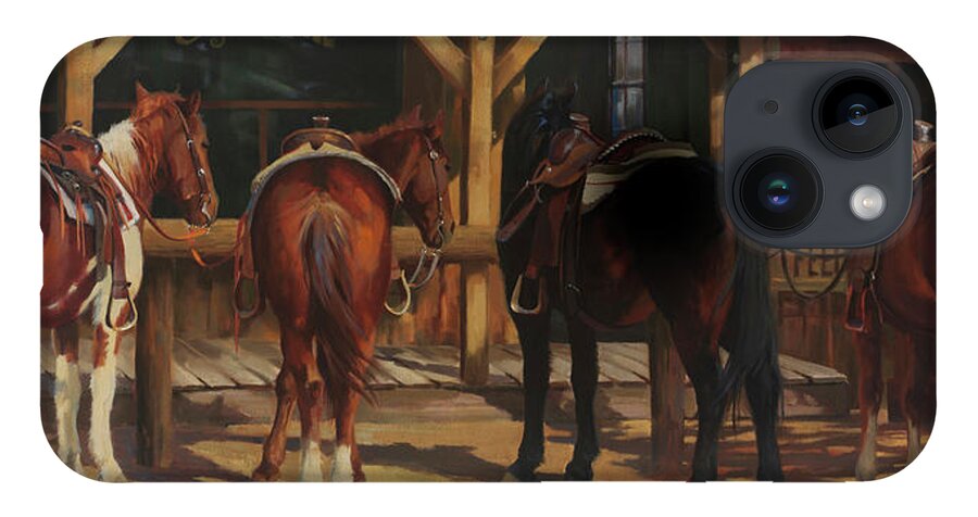 Western Art iPhone 14 Case featuring the painting Horse Tales by Carolyne Hawley