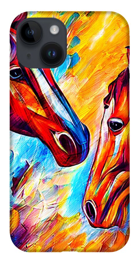 Horse iPhone 14 Case featuring the digital art Horses watching each other - colorful dark orange, red and cyan portrait by Nicko Prints