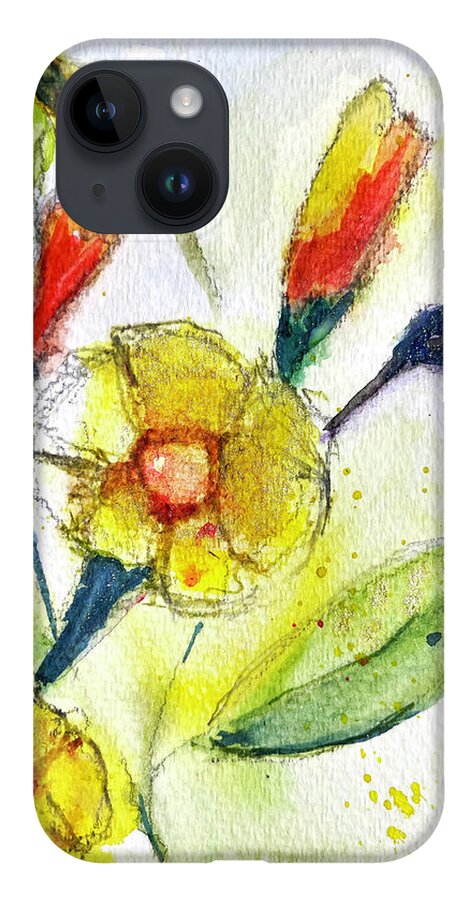 Watercolor iPhone 14 Case featuring the painting Hummingbird in the Tube Flowers by Roxy Rich