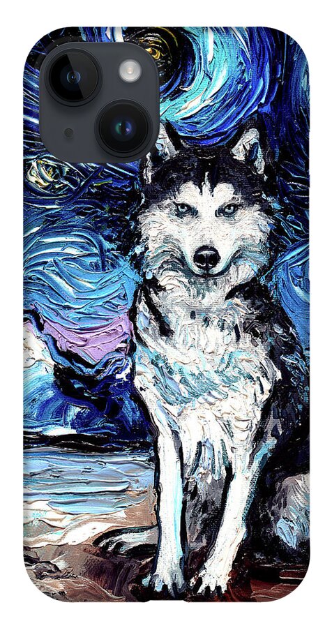 Husky iPhone 14 Case featuring the painting Husky Night by Aja Trier