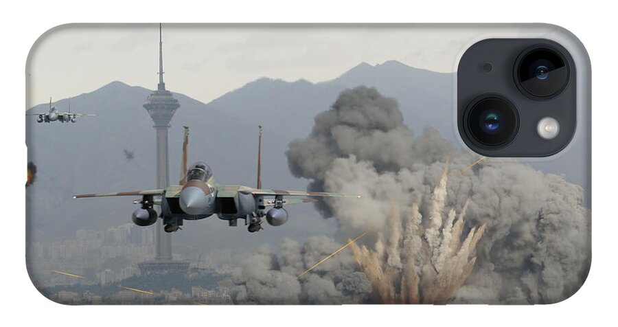 Eagle iPhone 14 Case featuring the digital art IAF F-15Is Retaliate over Tehran by Custom Aviation Art