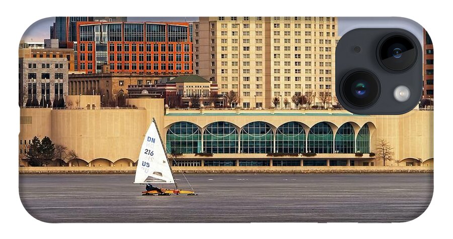 Ice Boats iPhone 14 Case featuring the photograph Ice boat and Monona Terrace - Madison - Wisconsin by Steven Ralser