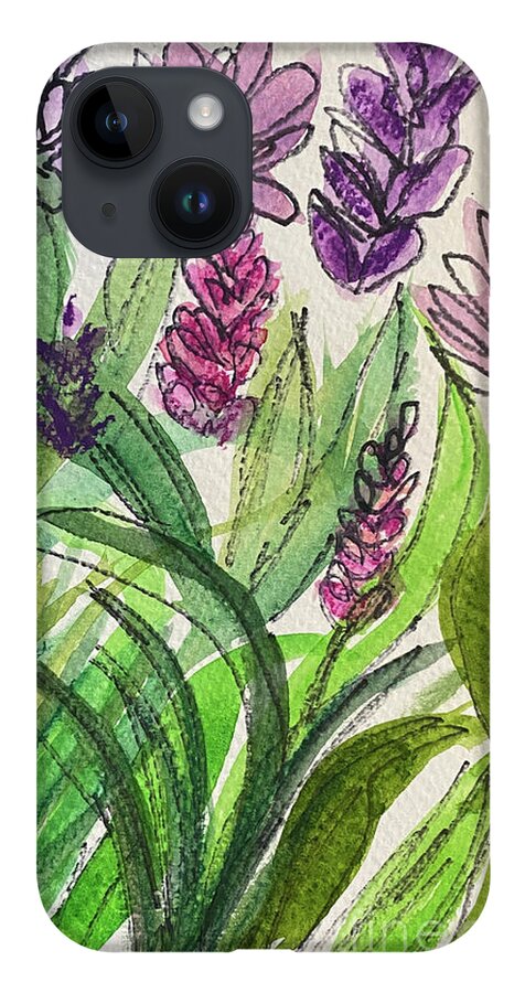 Purple iPhone Case featuring the mixed media Ink and Wash Flowers by Lisa Neuman