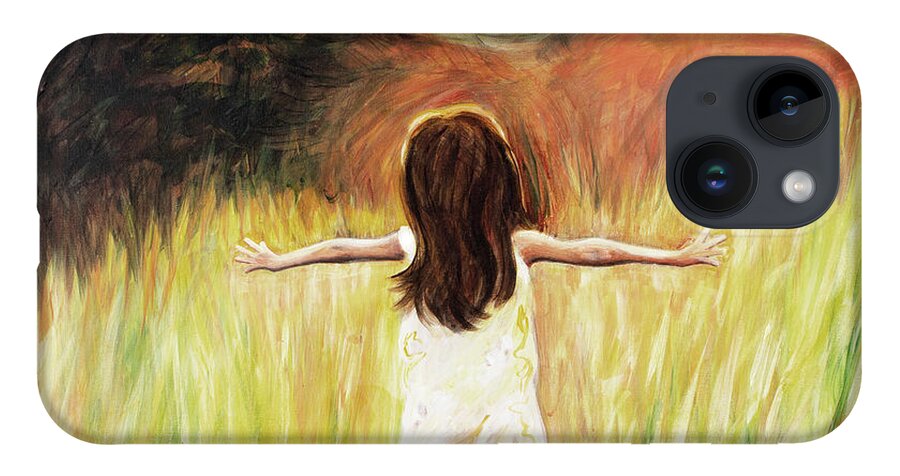 Joy Girl Running Field Sunshine Happy Joyful Peaceful Daughter Free iPhone 14 Case featuring the painting Joy by Pamela Schwartz