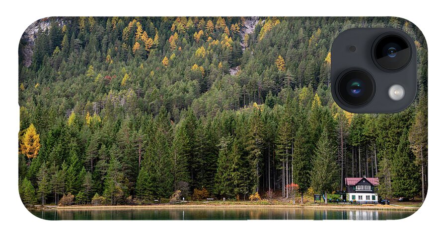 Italy iPhone 14 Case featuring the photograph House in the lake and forest. Lago di dobbiaco lake. Italian aps by Michalakis Ppalis