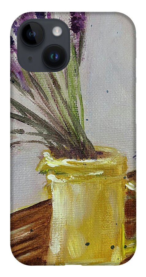 Lavender iPhone 14 Case featuring the painting Lavender in a Yellow Pitcher by Roxy Rich