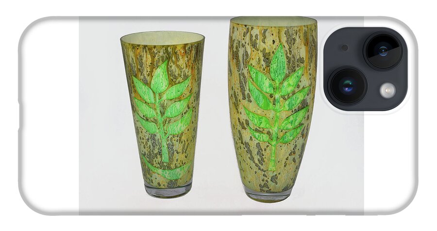 Green iPhone 14 Case featuring the glass art Leaves set of two by Christopher Schranck