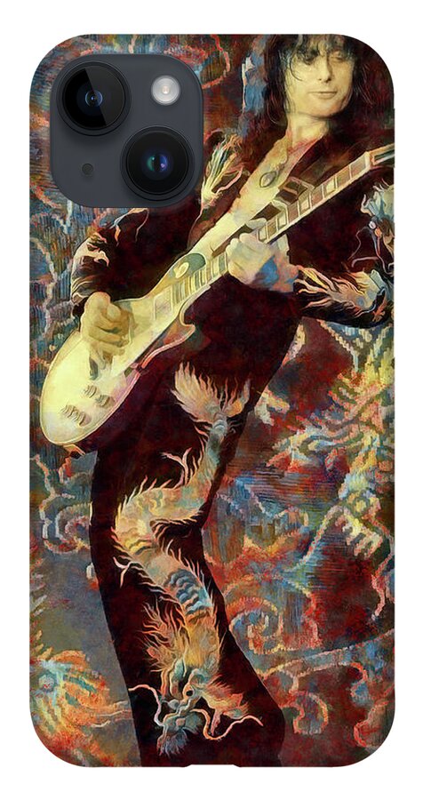 Led Zeppelin iPhone 14 Case featuring the mixed media Led Zeppelin Jimmy Page Art Trampled Under Foot by The Rocker Chic