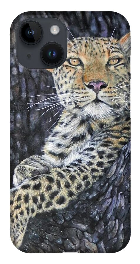 Leopard iPhone 14 Case featuring the painting Leopard Lookout by John Neeve