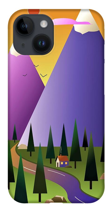 Mountains iPhone 14 Case featuring the digital art Little cottage 'neath the mountains by Fatline Graphic Art