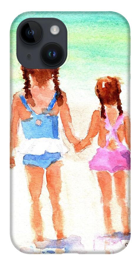 Little Sisters iPhone 14 Case featuring the painting Little Girls at the Beach by Carlin Blahnik CarlinArtWatercolor