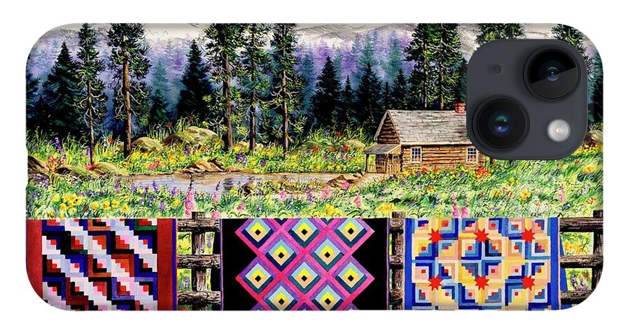 Mountains iPhone 14 Case featuring the painting Log Cabin Quilts by Diane Phalen