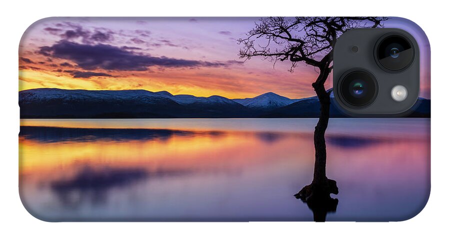 Loch Lomond iPhone 14 Case featuring the photograph Lone tree sunset at Milarrochy Bay, Loch Lomond, Scotland by Neale And Judith Clark
