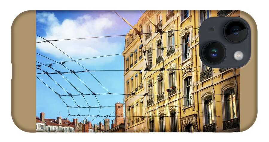 Lyon iPhone 14 Case featuring the photograph Lyon France Through a Web of Tram Lines by Carol Japp