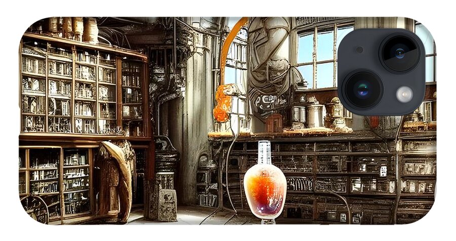 Experiment Background iPhone 14 Case featuring the digital art Mad Scientist Lab Library by Annalisa Rivera-Franz