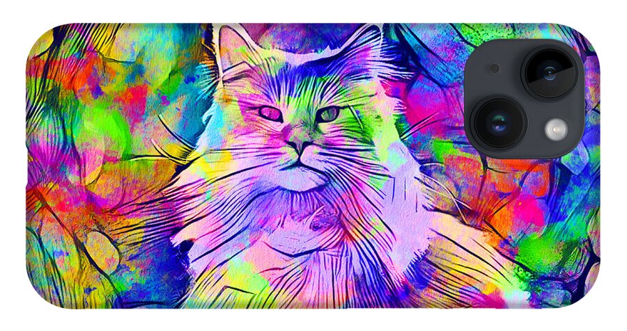 Maine Coon iPhone Case featuring the digital art Maine Coon cat looking at camera - colorful lines digital painting by Nicko Prints