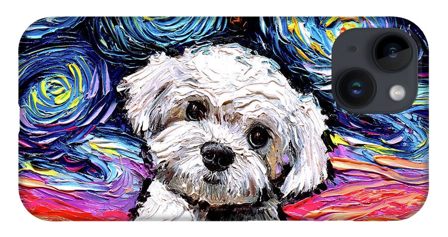 Maltipoo iPhone 14 Case featuring the painting Maltipoo Night by Aja Trier
