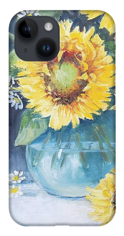 Sunflowers Autumn Coffee Harvest iPhone 14 Case featuring the painting Mama's Cup with Sunflowers by ML McCormick