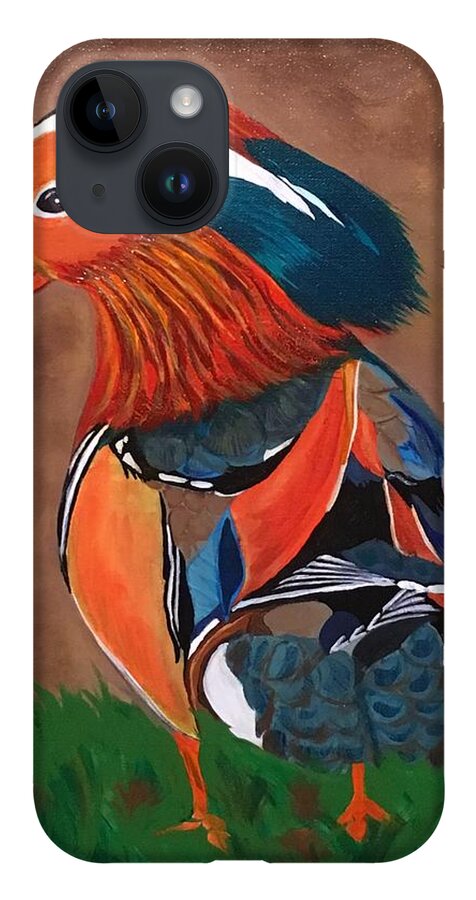  iPhone 14 Case featuring the painting Mandarin Duck-Fowl Play by Bill Manson