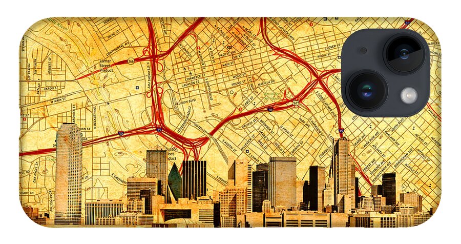Dallas iPhone Case featuring the digital art Map of Downtown Dallas with the skyline of the city blended on old paper by Nicko Prints