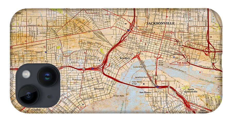 Map iPhone Case featuring the digital art Map of Downtown Jacksonville, Florida, and skyline blended on old paper by Nicko Prints