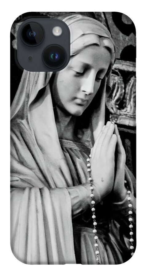 Mary Statue Church Rosary B&w iPhone Case featuring the photograph Mary by John Linnemeyer