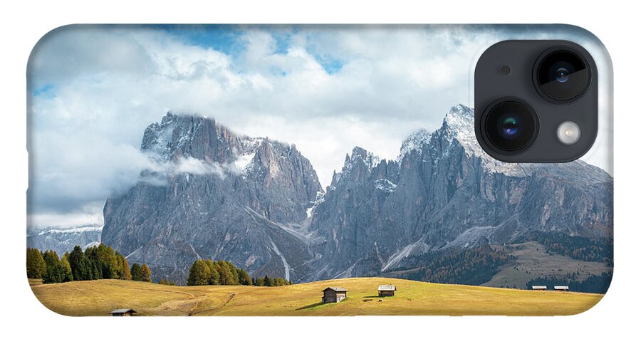 Mountain Landscape iPhone Case featuring the photograph Meadow field and the Dolomiti rocky peaks Alpe di siusi Seiser Alm Italy by Michalakis Ppalis