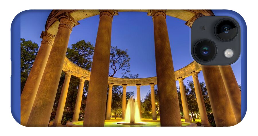 Mecom iPhone 14 Case featuring the photograph Mecom Rockwell Colonnade and Fountain by Tim Stanley