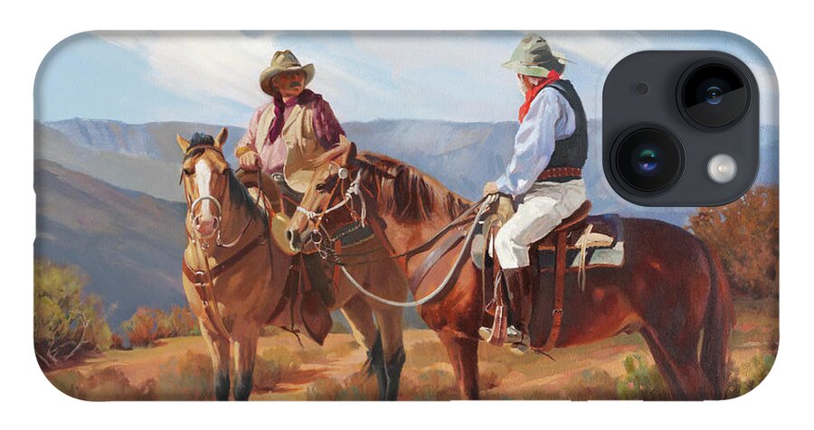 Western Art iPhone 14 Case featuring the painting Meeting on Rim Trail by Carolyne Hawley