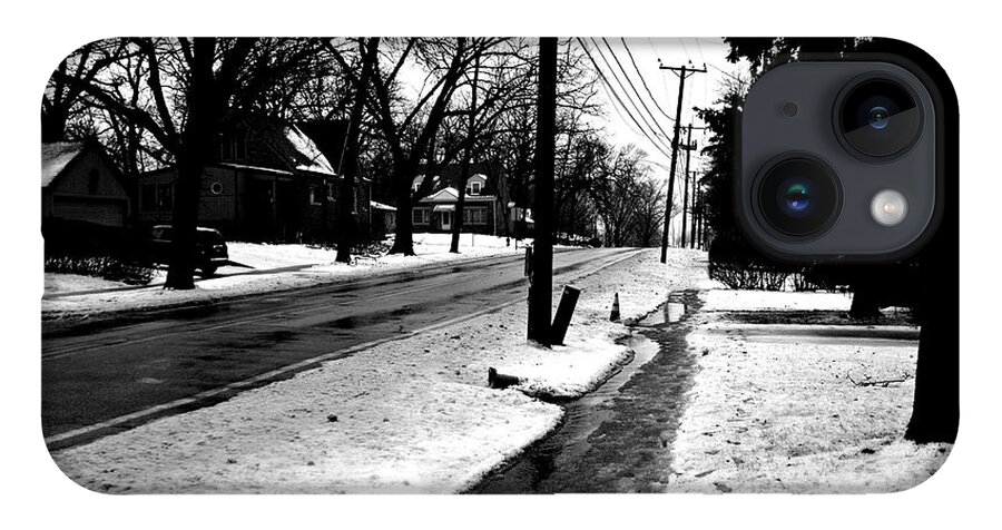 Street iPhone 14 Case featuring the photograph Melting Snow Down the Street - Black and White by Frank J Casella