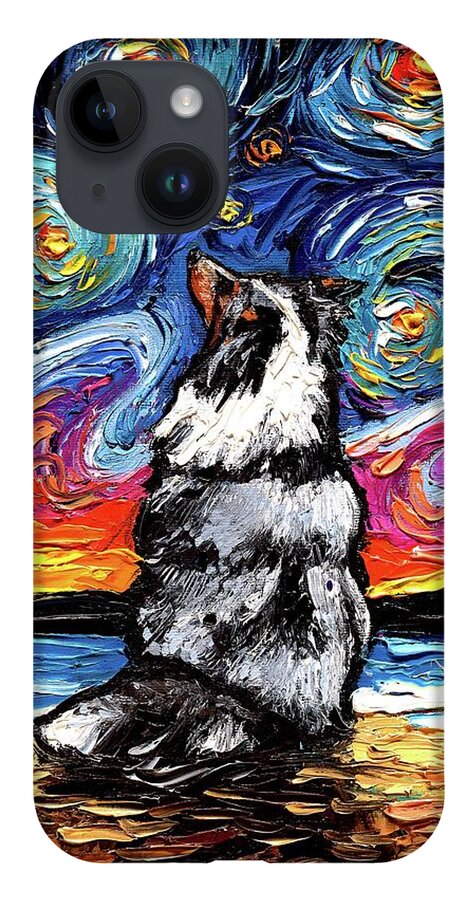 Shetland Sheepdog iPhone 14 Case featuring the painting Merle Shetland Sheepdog Night by Aja Trier