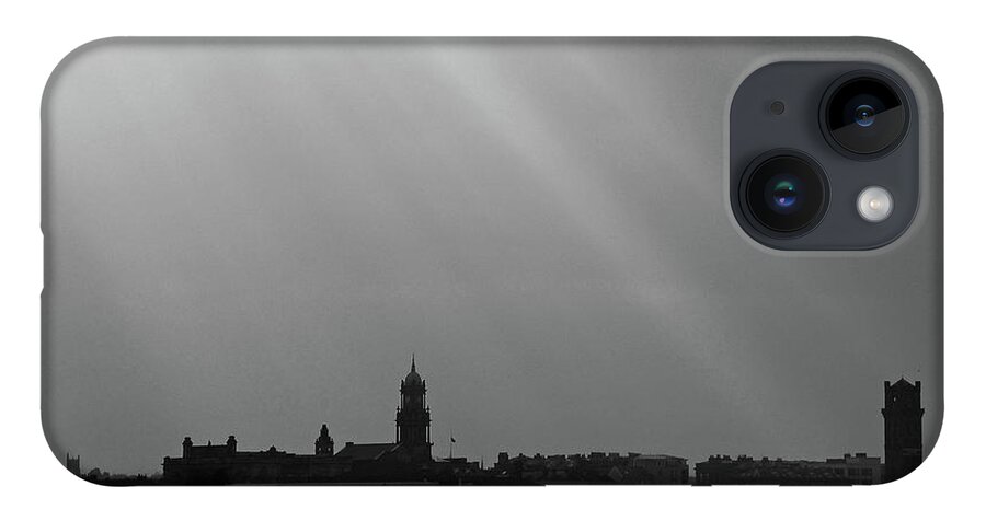 Liverpool; River Mersey; Black And White; Landscape; Cityscape; Skyline; Great Britain; Merseyside; Wirral Birkenhead; Sunbeams; Silhouette; Sky; Clouds; England; iPhone Case featuring the photograph Mersey Sunbeams by Lachlan Main