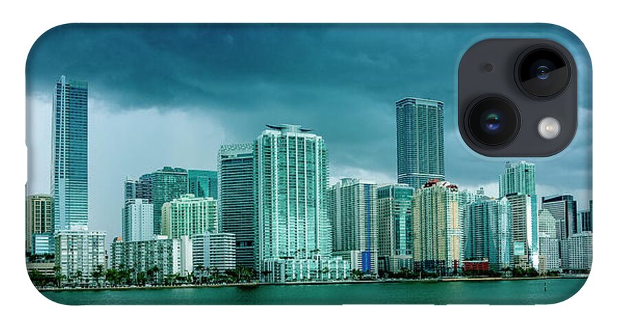 Biscayne Bay iPhone 14 Case featuring the digital art Miami Skyline from Biscayne Bay by SnapHappy Photos
