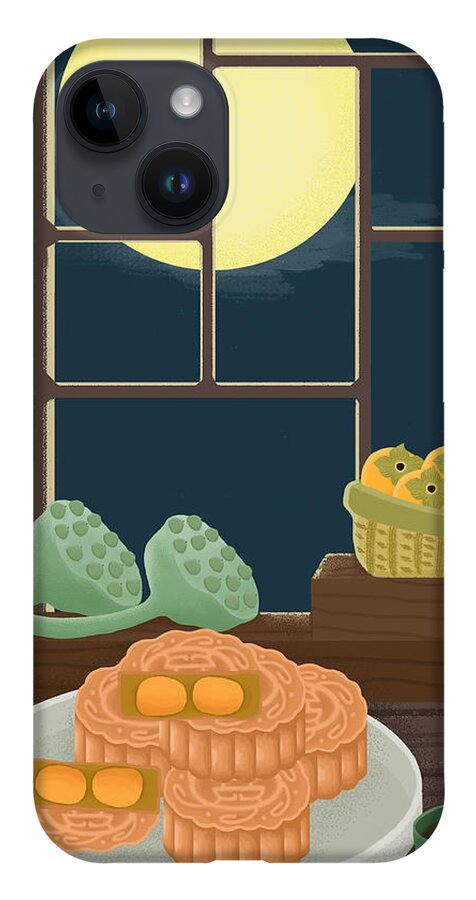 Moon Cakes iPhone 14 Case featuring the drawing Mid-Autumn Festival Moon Cake Illustration by Min Fen Zhu