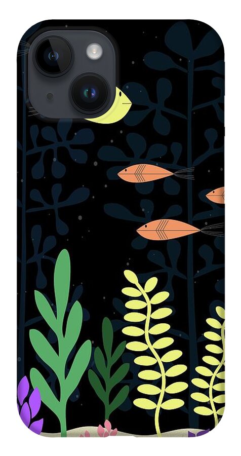 Mid Century Fish iPhone 14 Case featuring the digital art Mid Century Aquarium Black by Donna Mibus