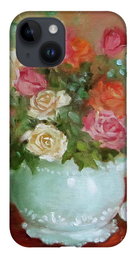 Red Roses iPhone Case featuring the painting Mixed Rose Bouquet in Turquoise Vase by Cheri Wollenberg