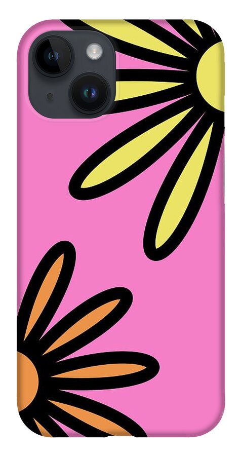 Mod iPhone 14 Case featuring the digital art Mod Flowers 2 on Pink by Donna Mibus