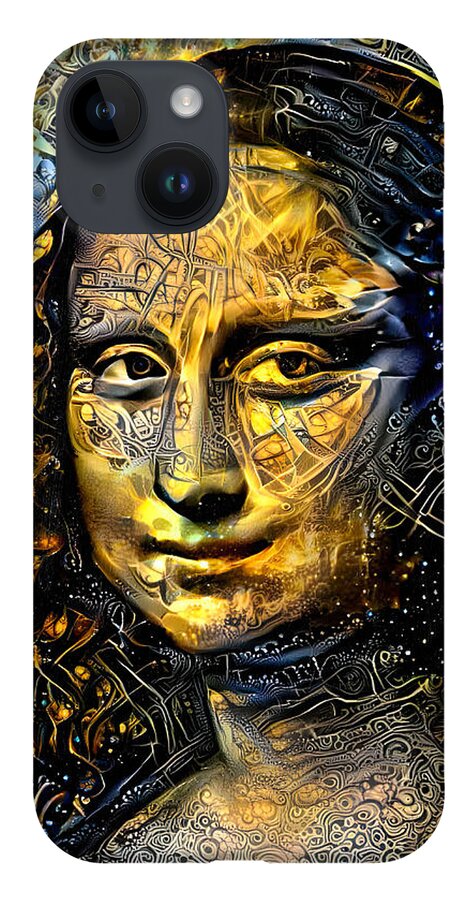 Mona Lisa iPhone 14 Case featuring the digital art Mona Lisa by Leonardo da Vinci - golden night design by Nicko Prints