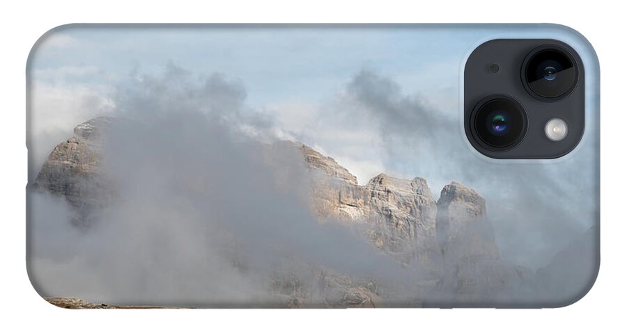 Italian Alps iPhone 14 Case featuring the photograph Mountain landscape with fog in autumn. Tre Cime dolomiti Italy. by Michalakis Ppalis