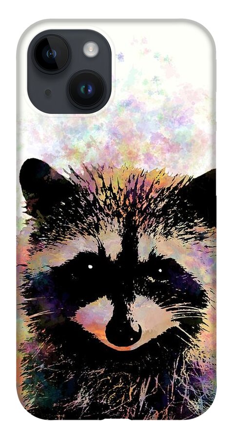 Raccoon iPhone 14 Case featuring the mixed media Multicolor Raccoon 27 by Lucie Dumas