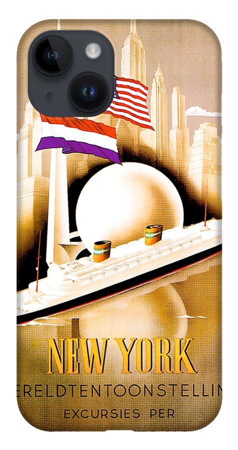 New York iPhone 14 Case featuring the painting New York Wereldtentoonstelling excursies per Holland Amerika Lijn Poster 1938 by Unknown