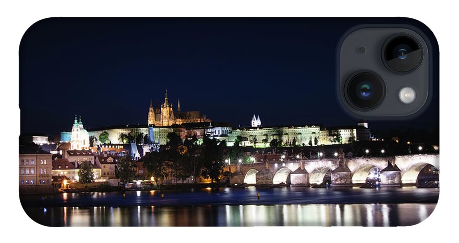 Lamps iPhone 14 Case featuring the photograph Night view of the old town of Prague with Prague Castle by Vaclav Sonnek